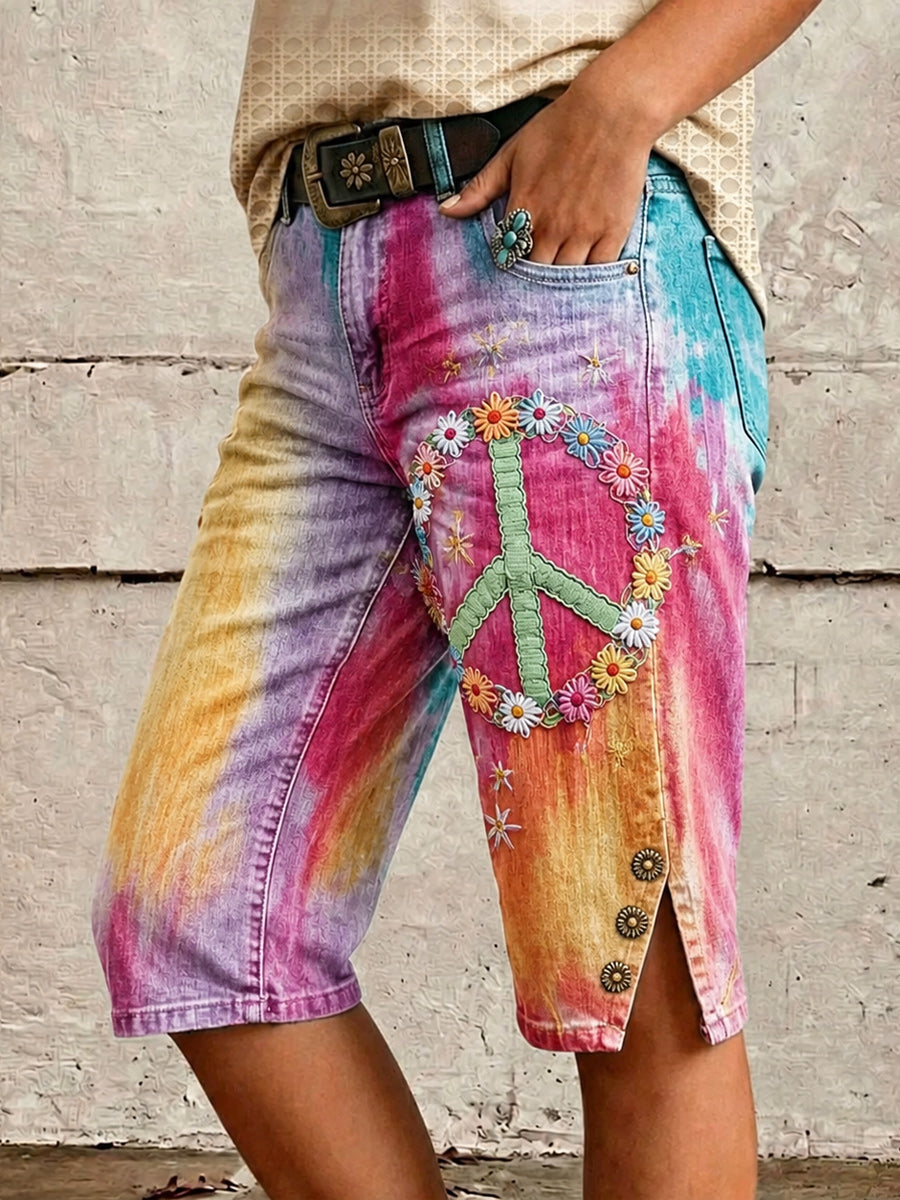 Retro Style Art Print Vintage Casual Denim Shorts